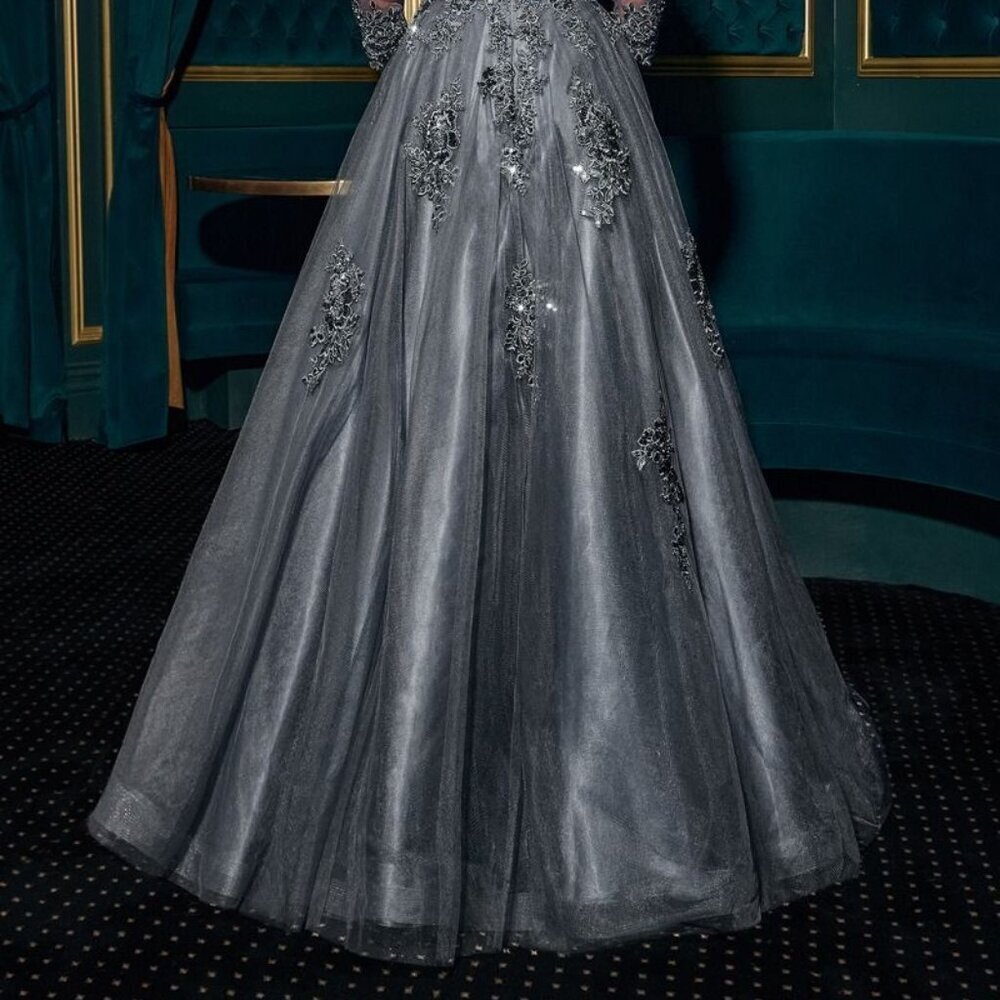New Formal Tulle Lace Embroidered Maxi Gown w/ 3/4 Sleeves & V-Back CD J883 - Picture 7 of 10